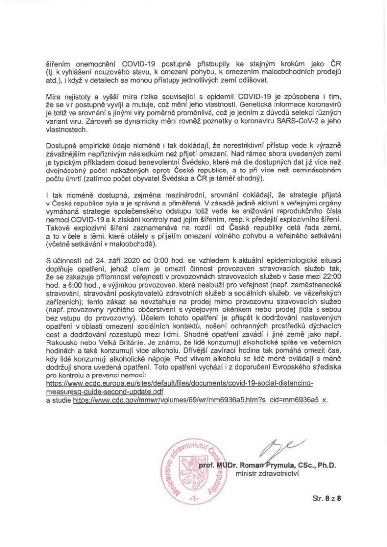 Mimoradne opatreni omezení stravovaci a ubytovaci zarizeni 23. 9. 2020